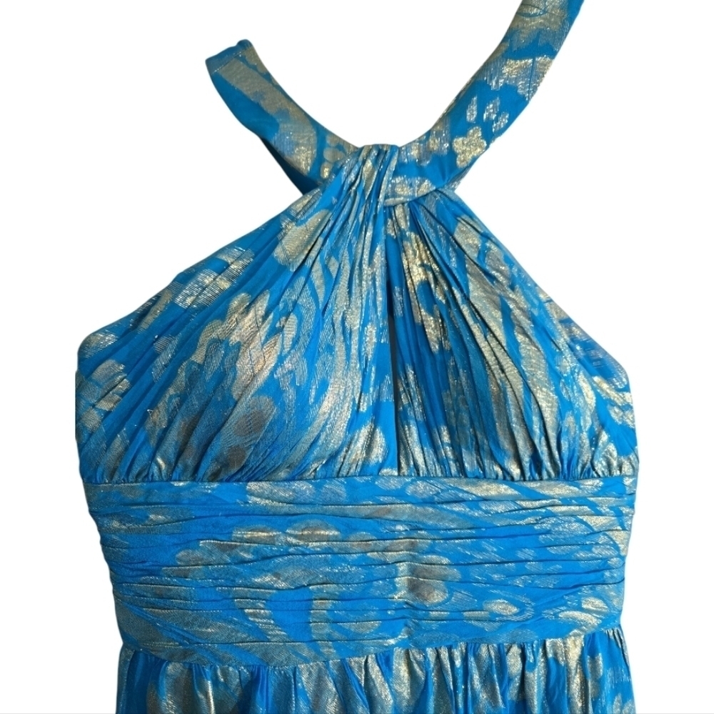 Aidan Mattox Foil Halter Neck Maxi Gown 6 Silk Metallic Blue With Gold Foil - Picture 4 of 8